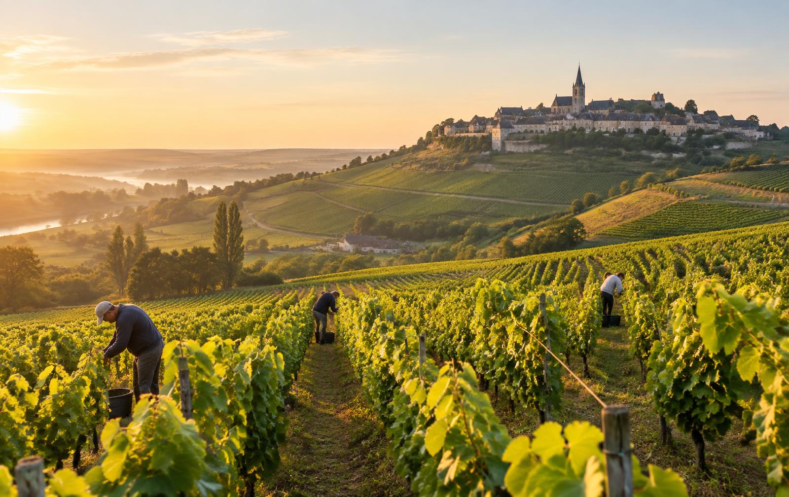 Coteaux de vignes du Sancerrois au lever du soleil